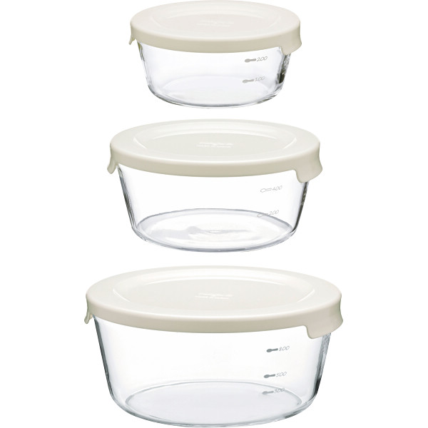 ハリオ　耐熱ガラス製保存容器　丸３個セット　オフホワイト