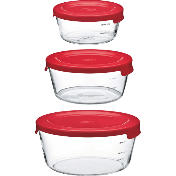 ハリオ　耐熱ガラス製保存容器　丸３個セット　レッド